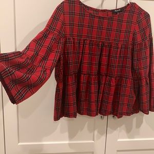 EUC Madewell red plaid baby doll top, bell sleeves. Size small.